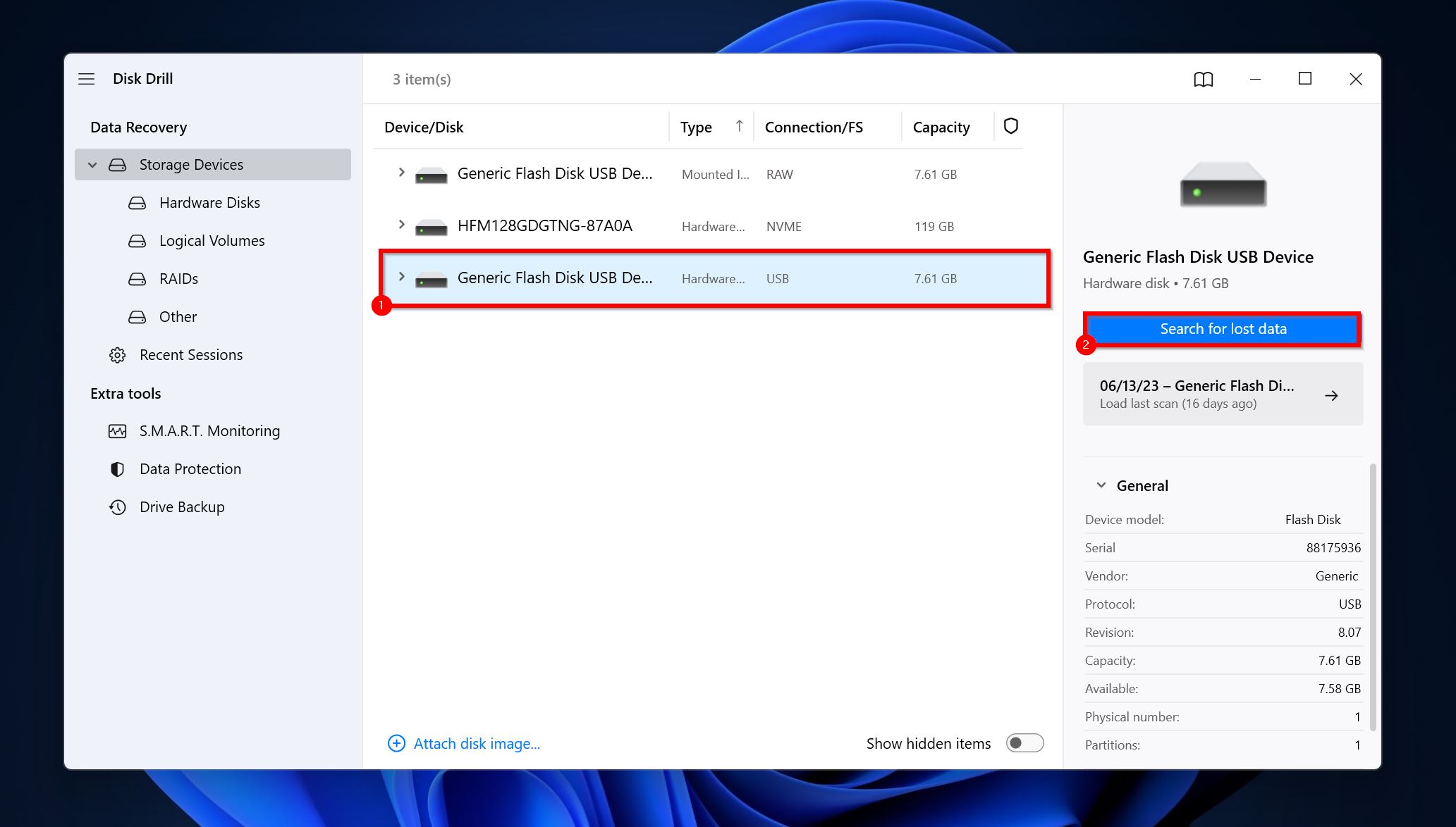 Lista de dispositivos no Disk Drill.