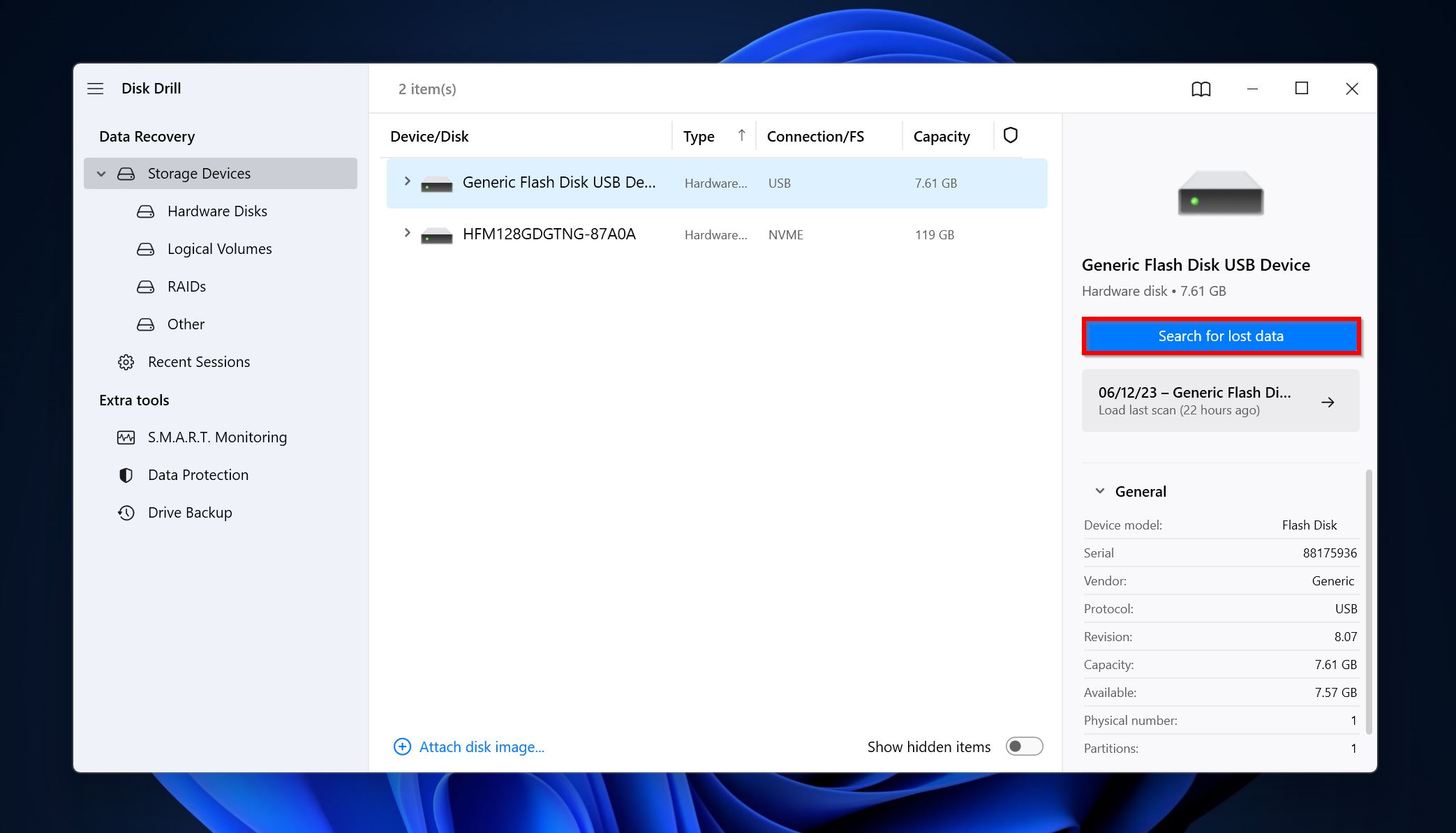 List of drives in Disk Drill.