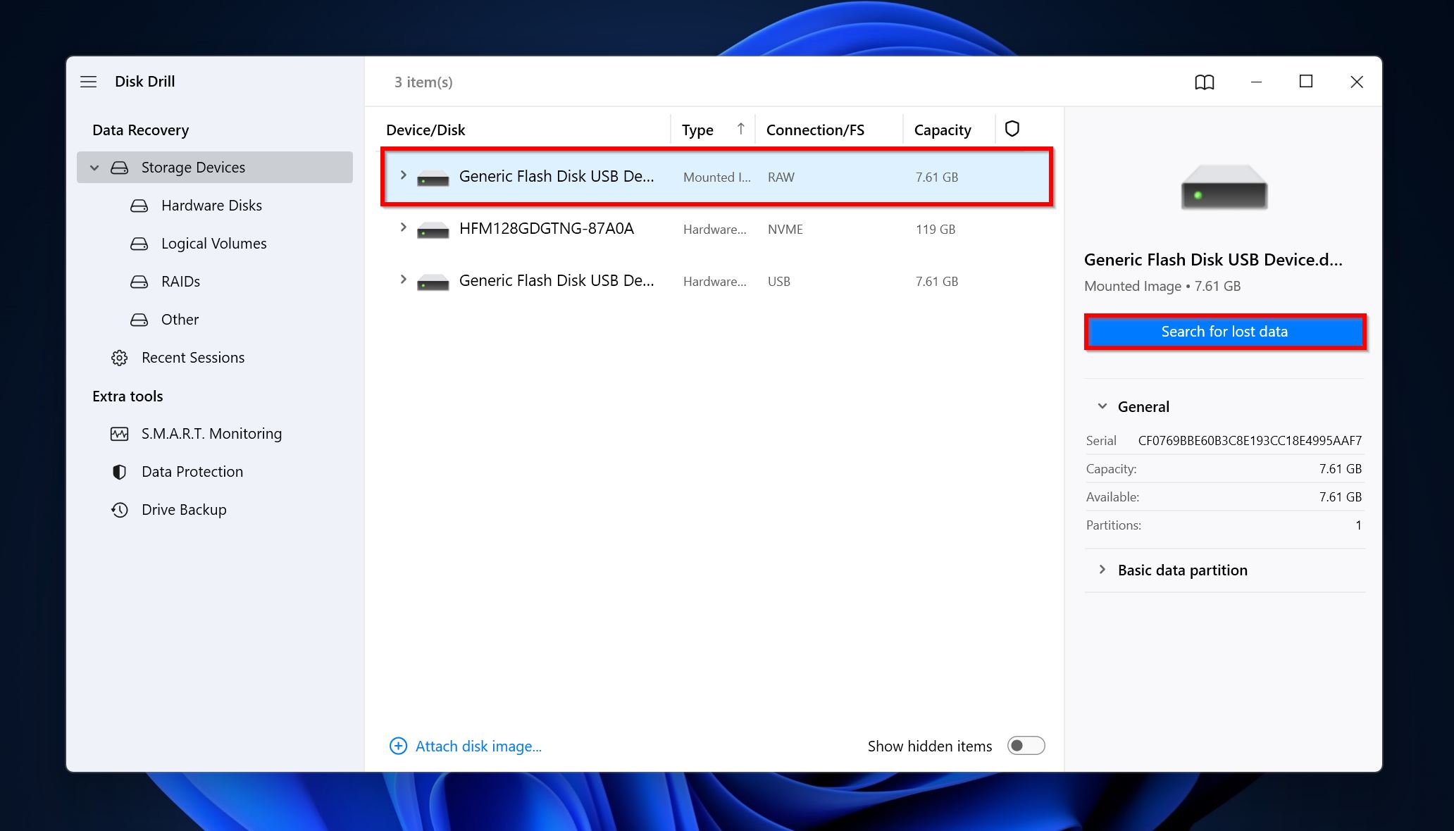 Search for lost data in Disk Drill.