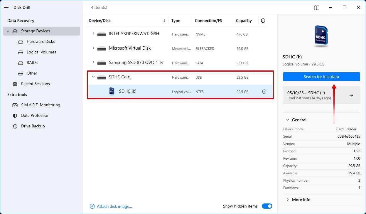 Using Disk Drill to scan the formatted SD card