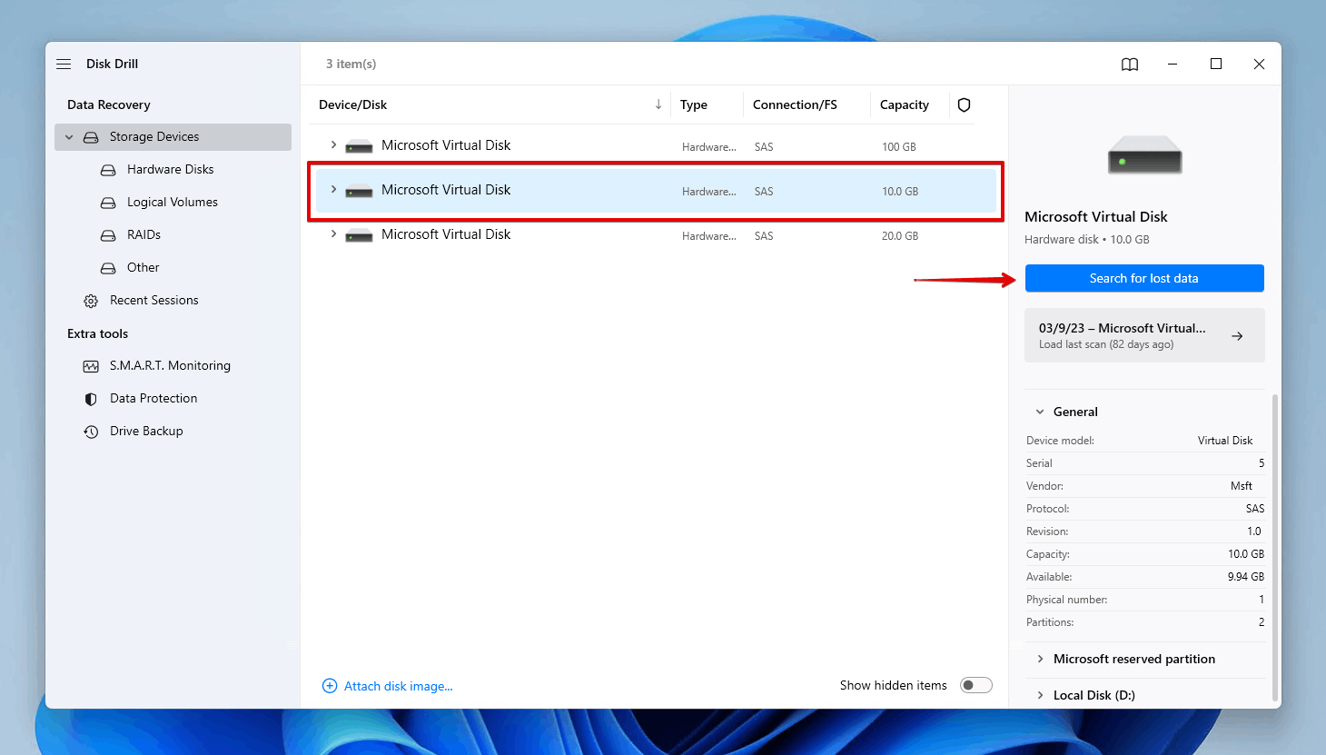 Selecting the disk to scan.