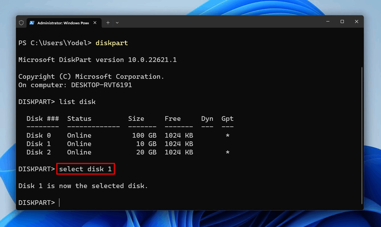 Running the select disk command.