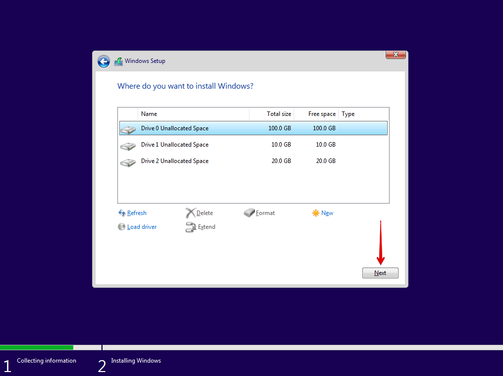 Selecting the disk for installation.