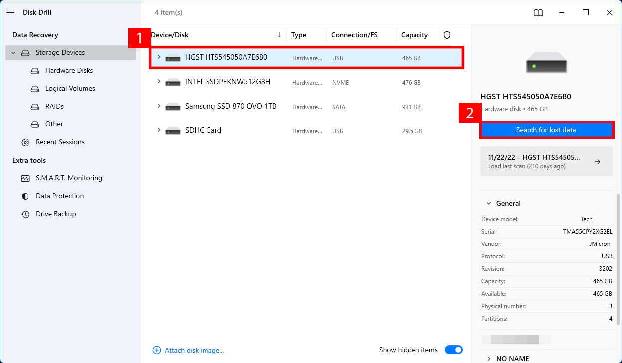 フォーマットせずに外付けハードディスクからのデータ復旧 Disk Drill