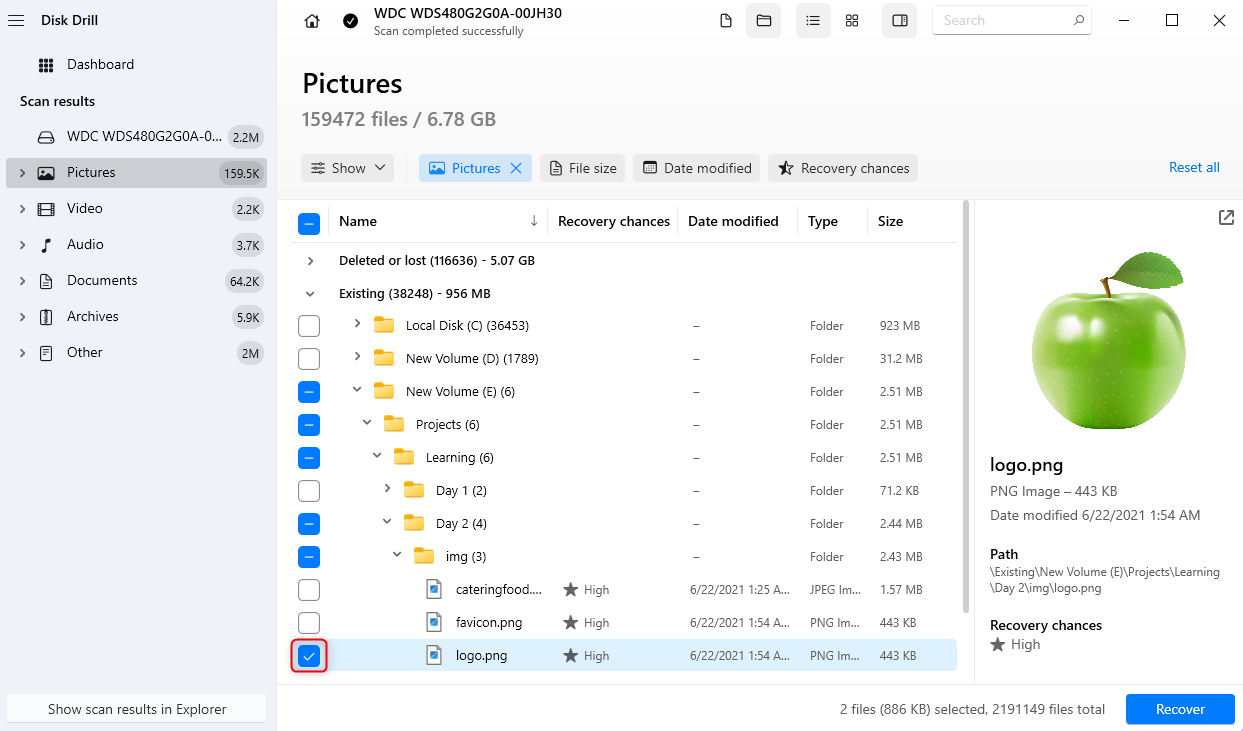 Selecting files from Disk Drill.