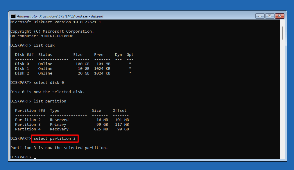 Selecting the partition.