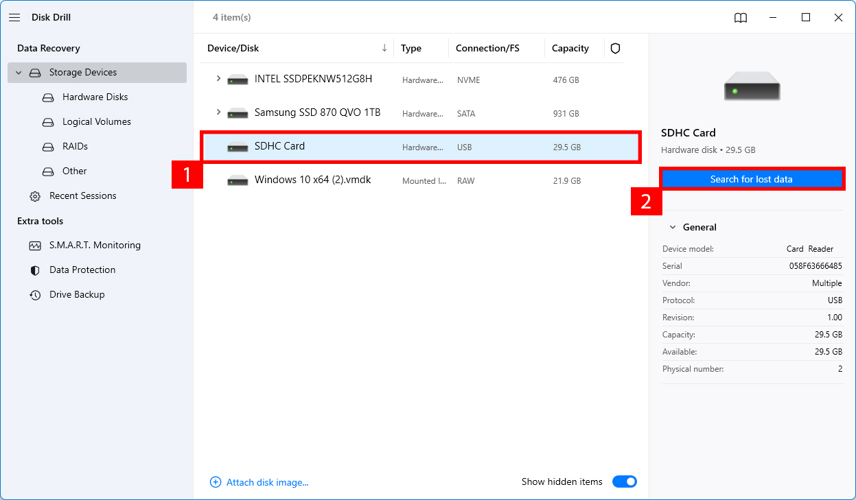 sélection du disque à analyser dans disk drill