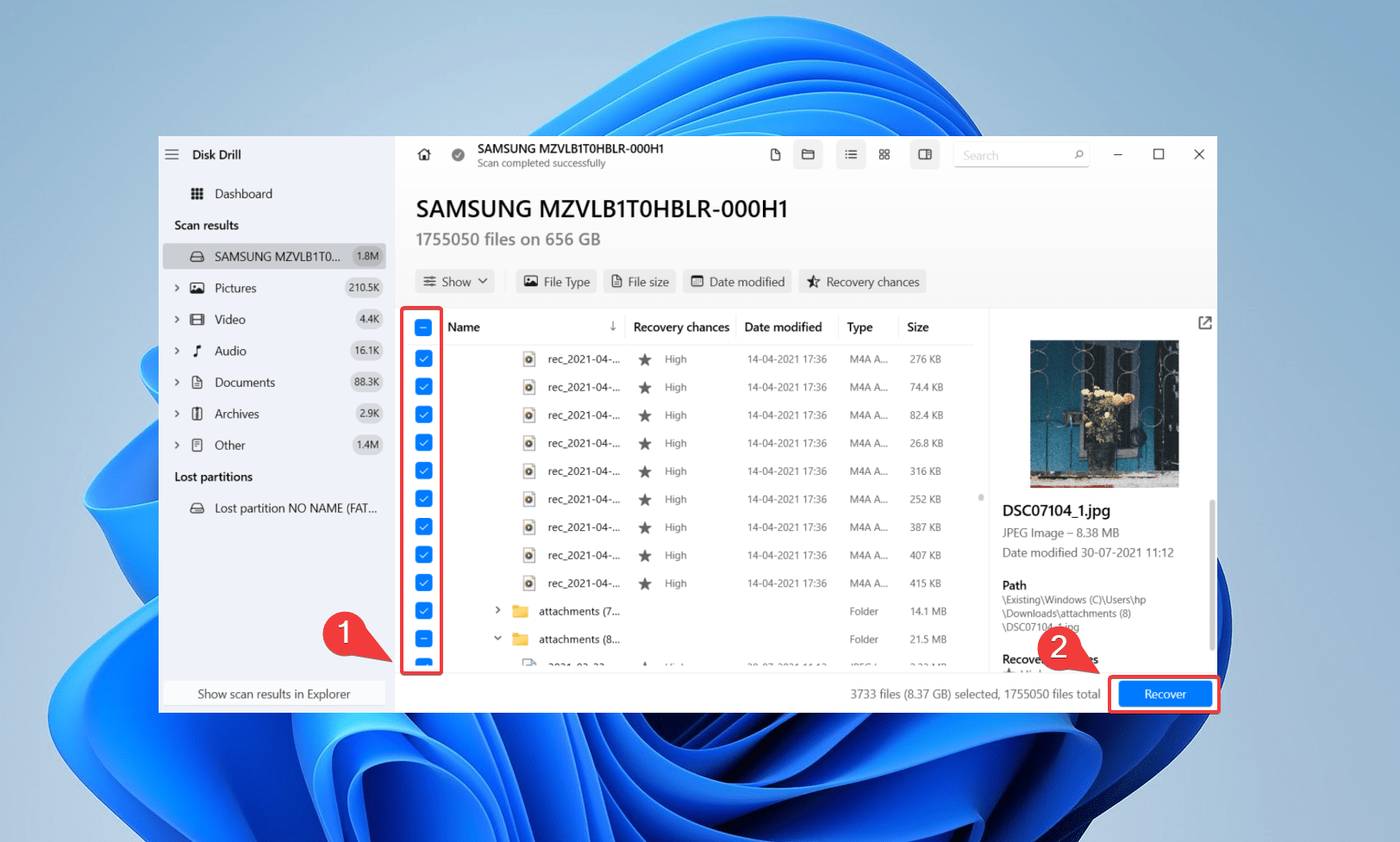 selecting files on disk drill