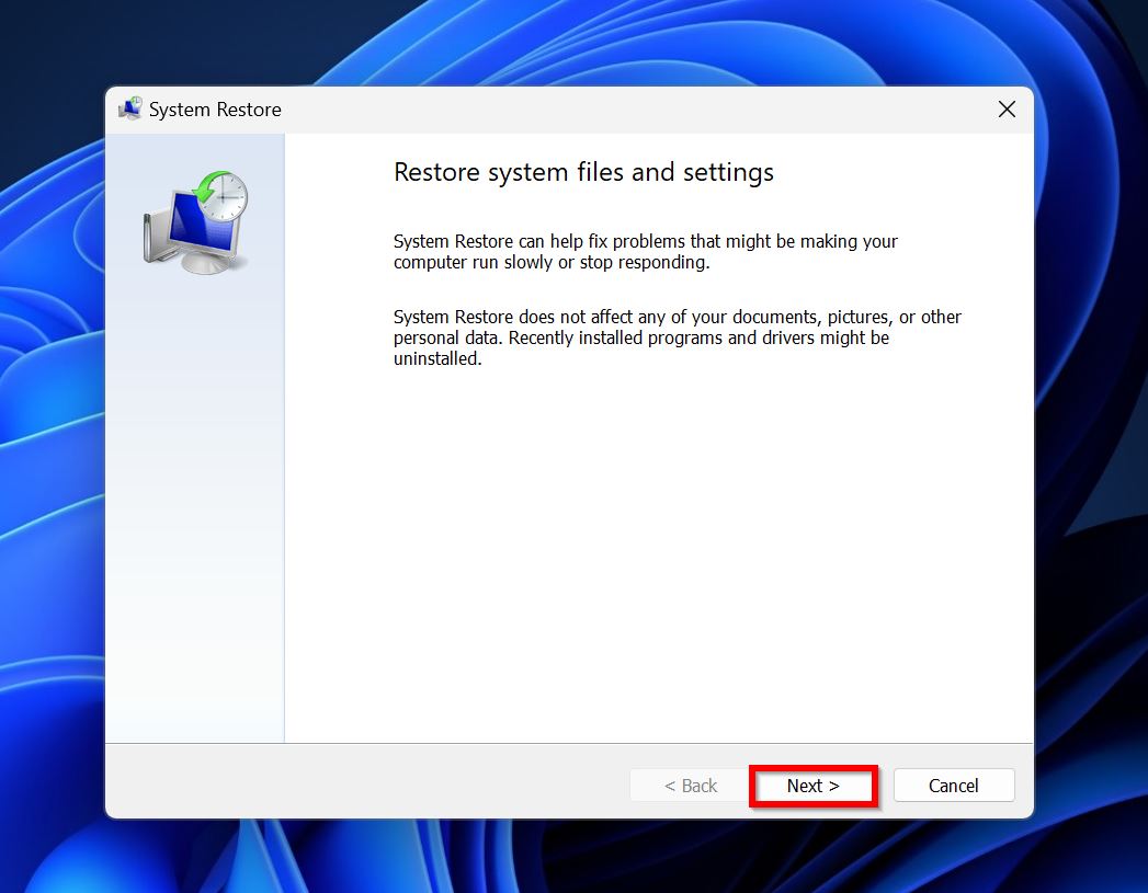 System Restore welcome screen.