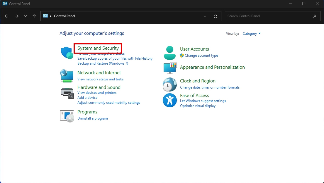 Opening System and Security in Control Panel.