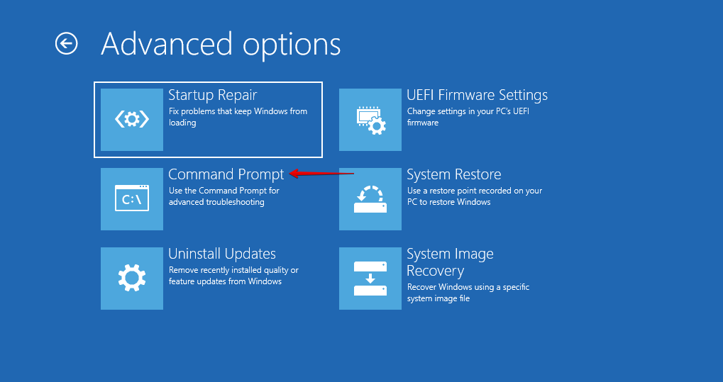 Opening Command Prompt in WinRE.