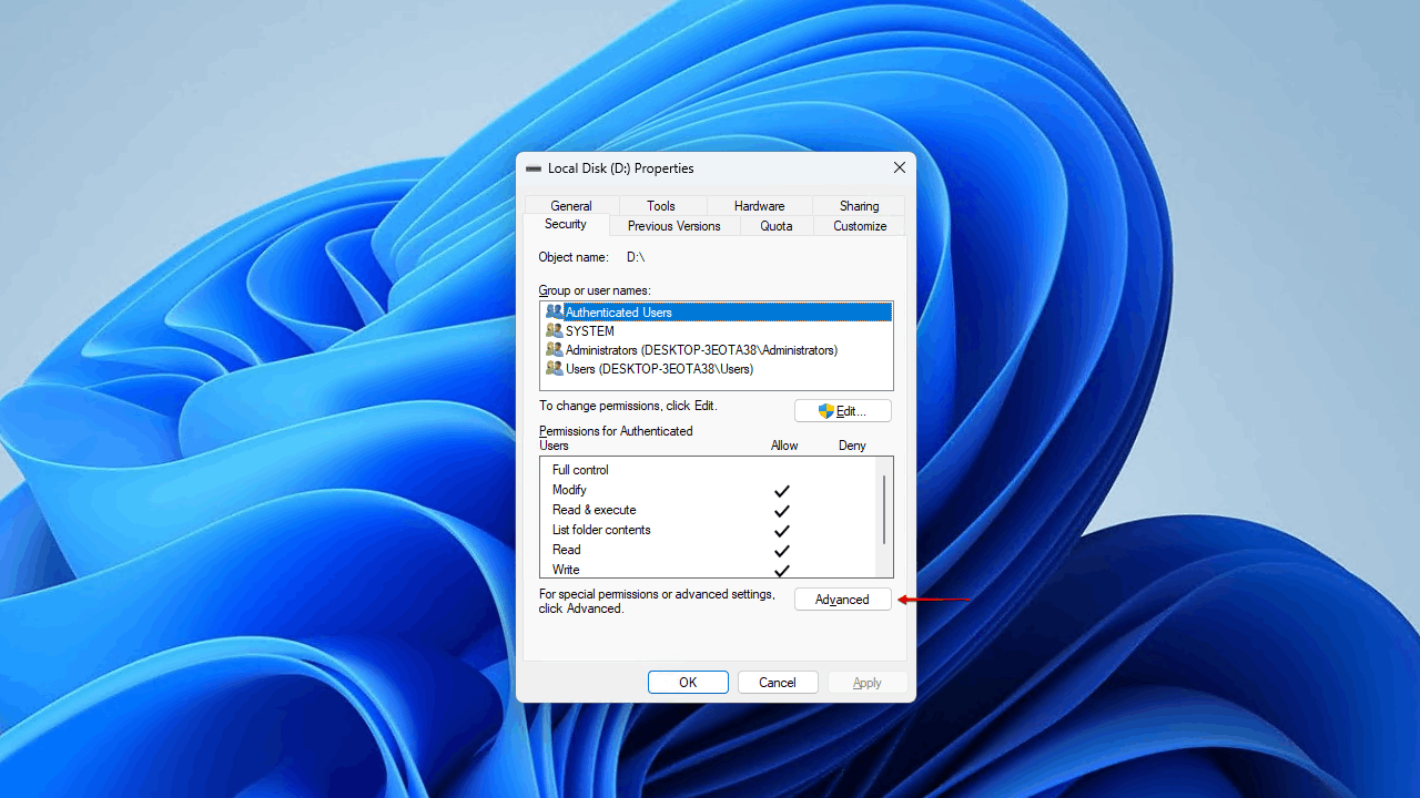 Opening the advanced security settings.