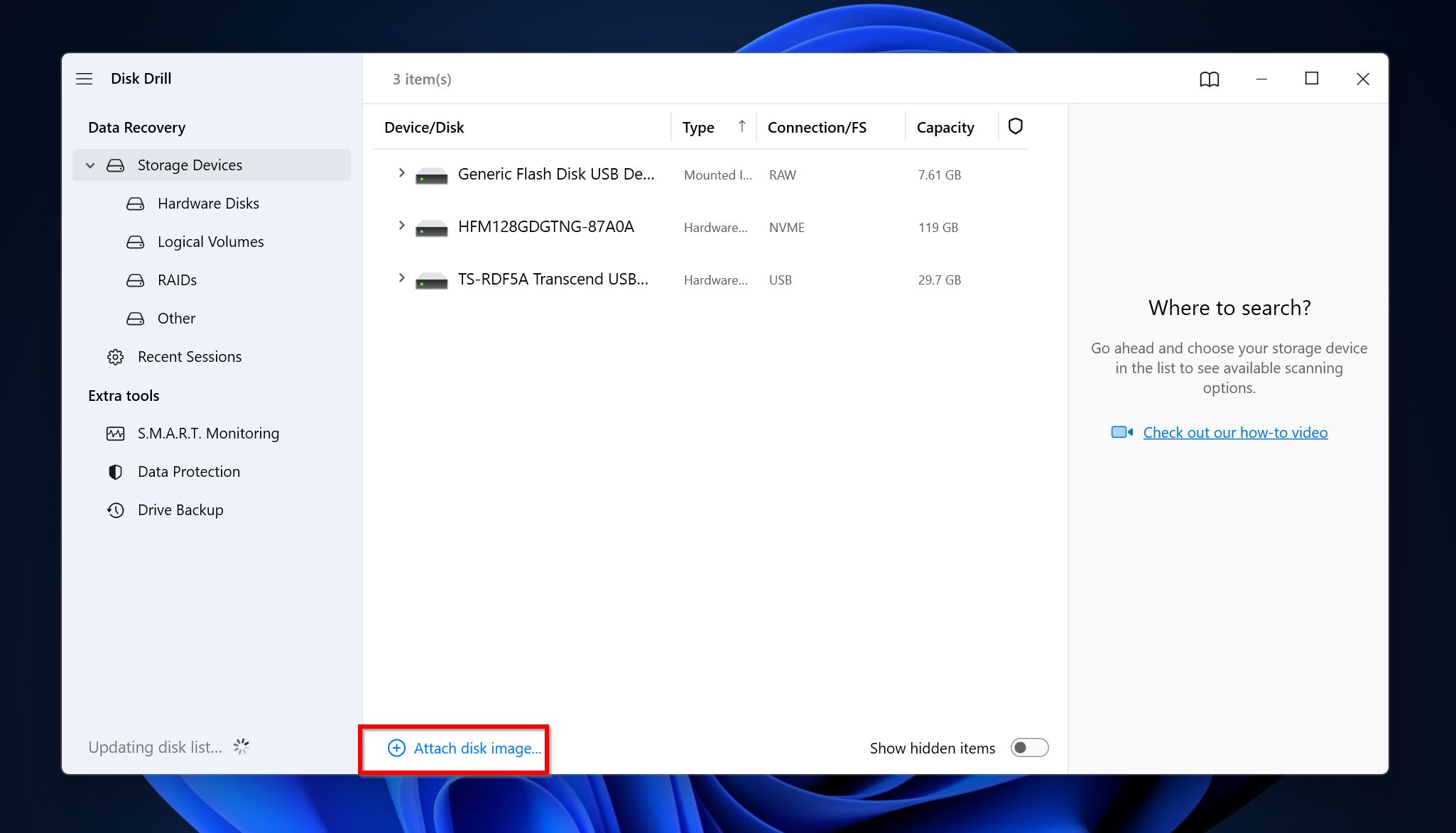 Attach disk image option in Disk Drill.