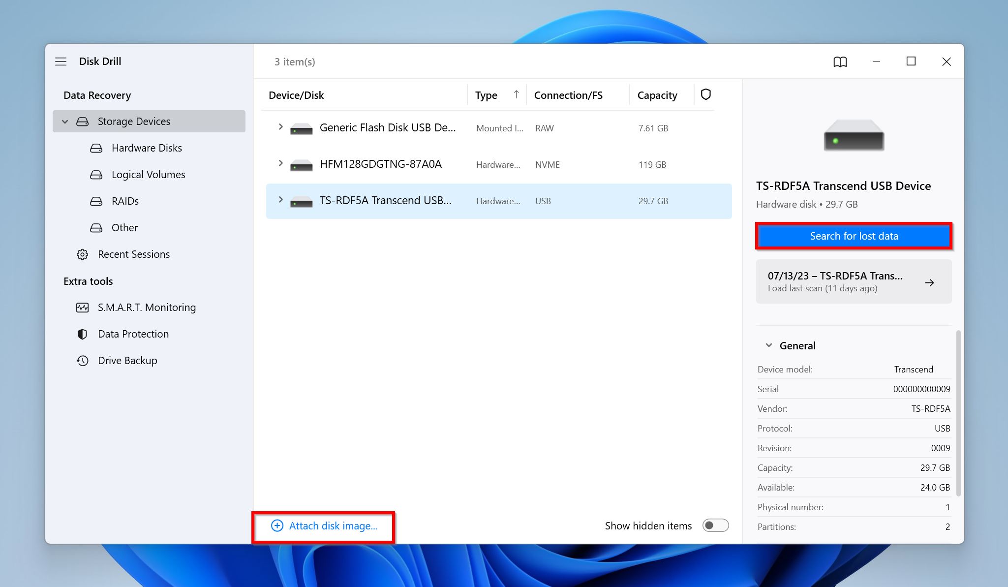 Storage devices screen in DIsk Drill.