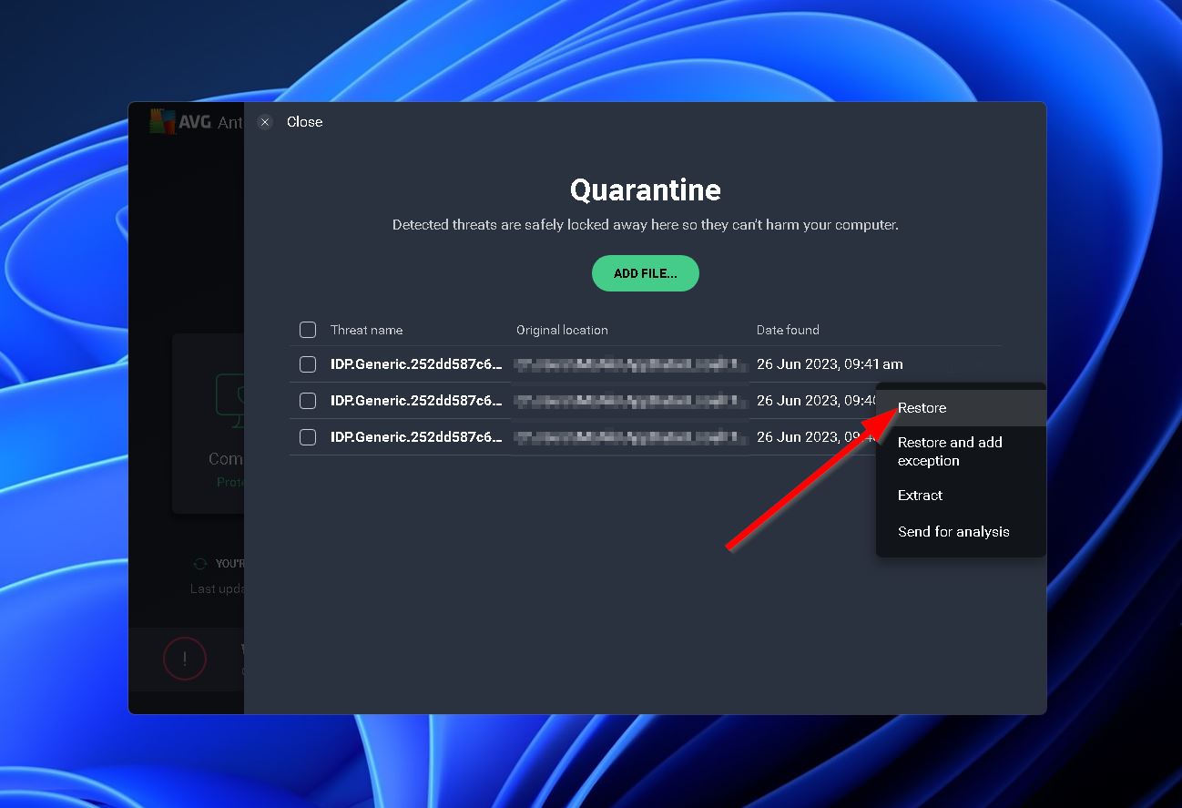 avg quarantine restore