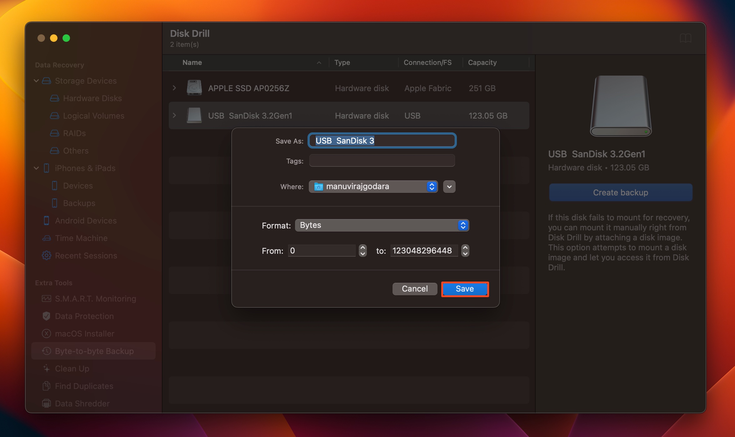 Backup parameters in Disk Drill.