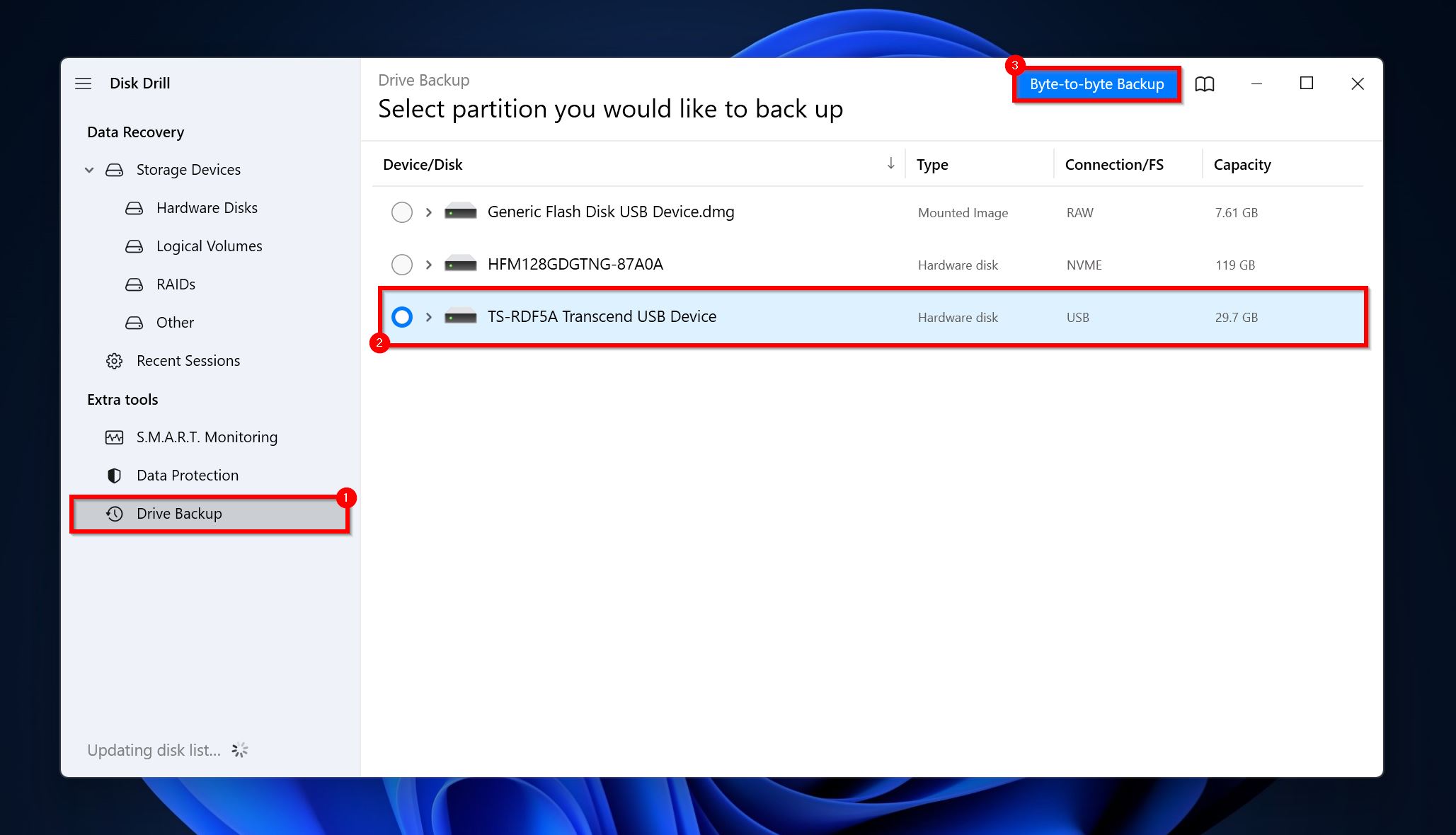 Byte-to-byte Backup screen.