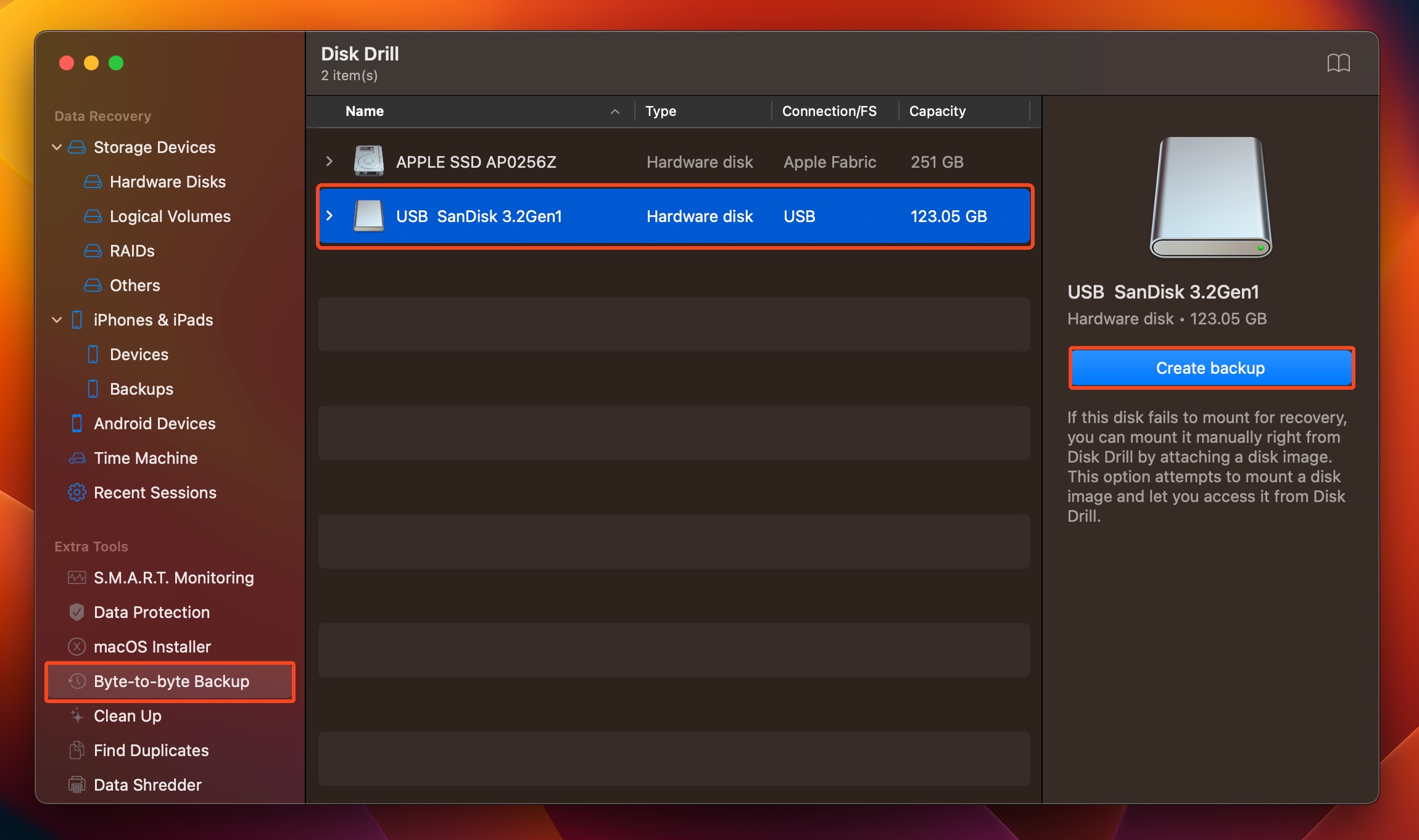 Byte-to-byte Backup screen in Disk Drill.