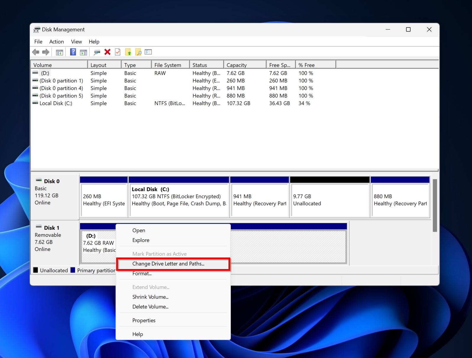 Change Drive Letter and Paths option.