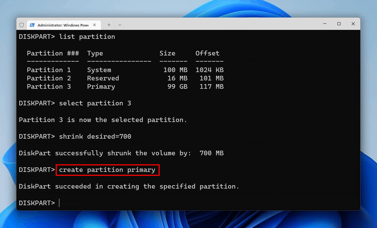 Creating a primary partition.