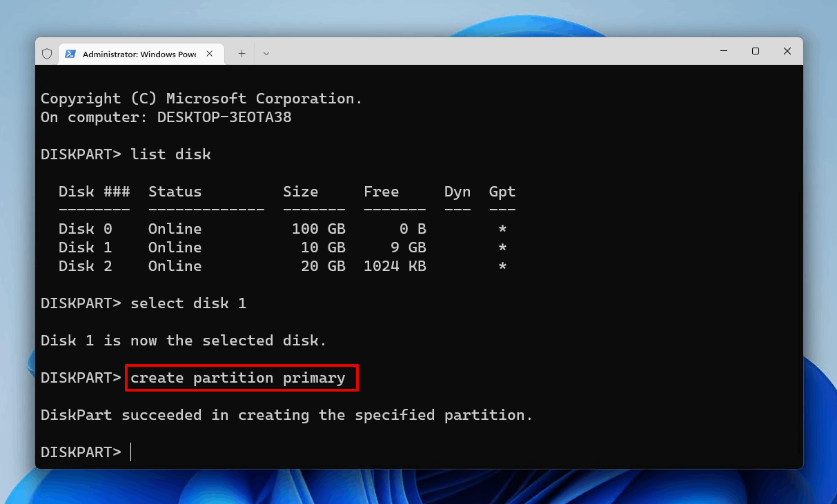 Creating a partition.