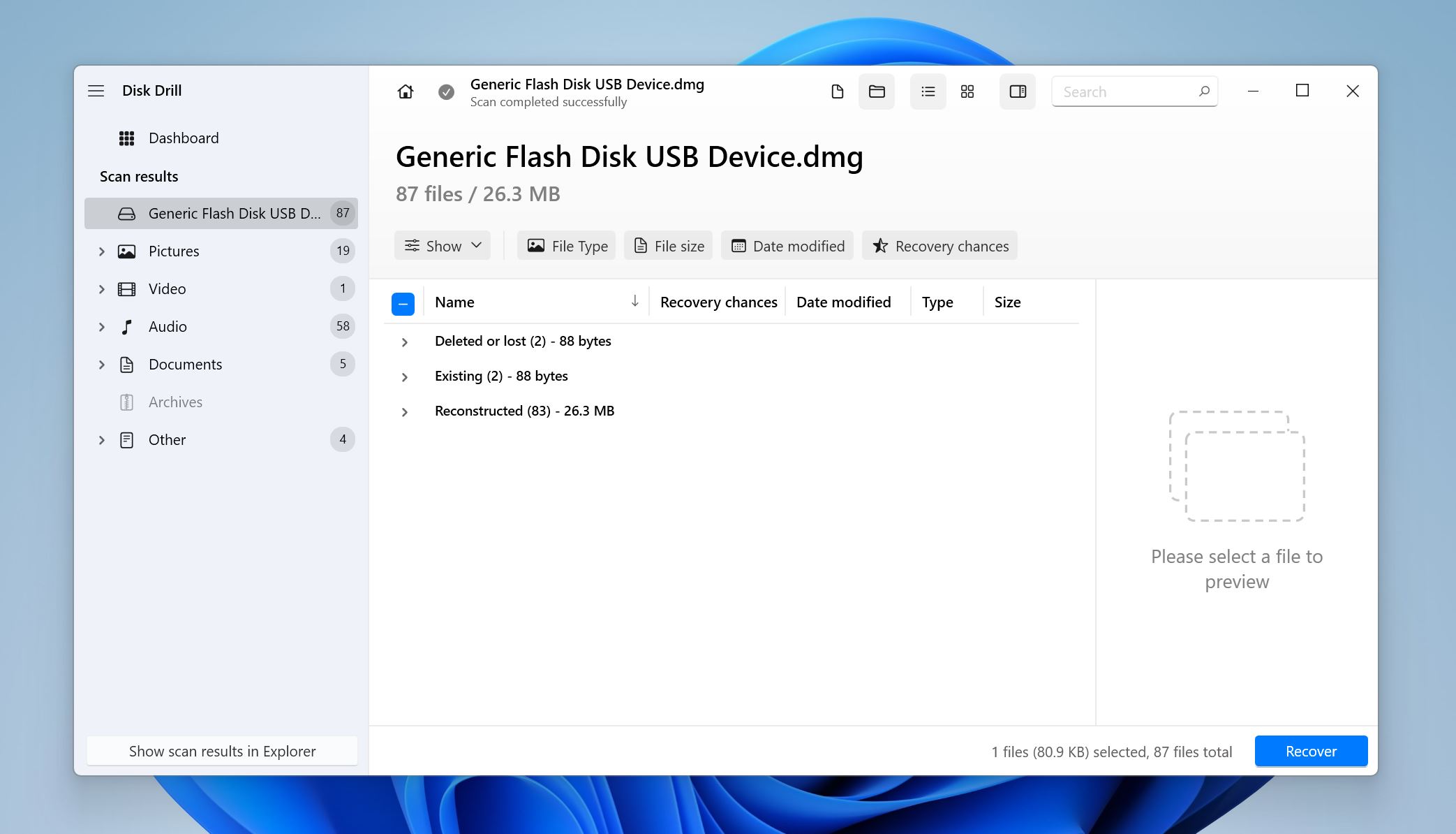 Secciones de recuperación de datos en Disk Drill.