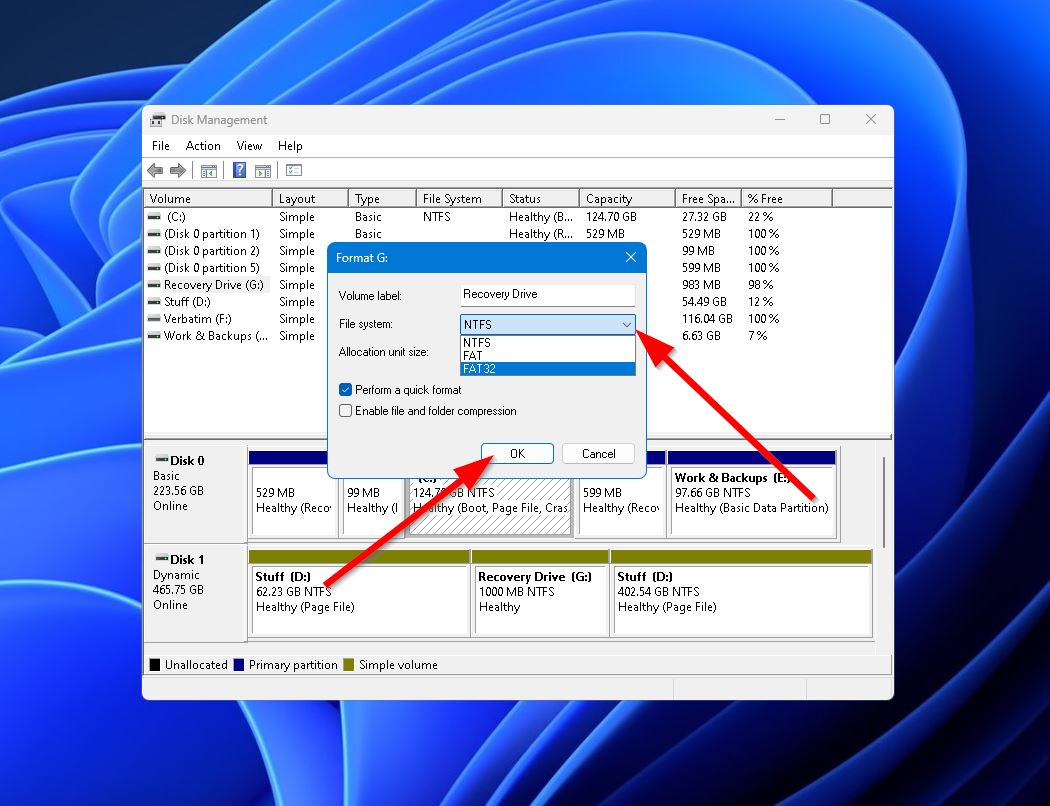 disk management formatting options