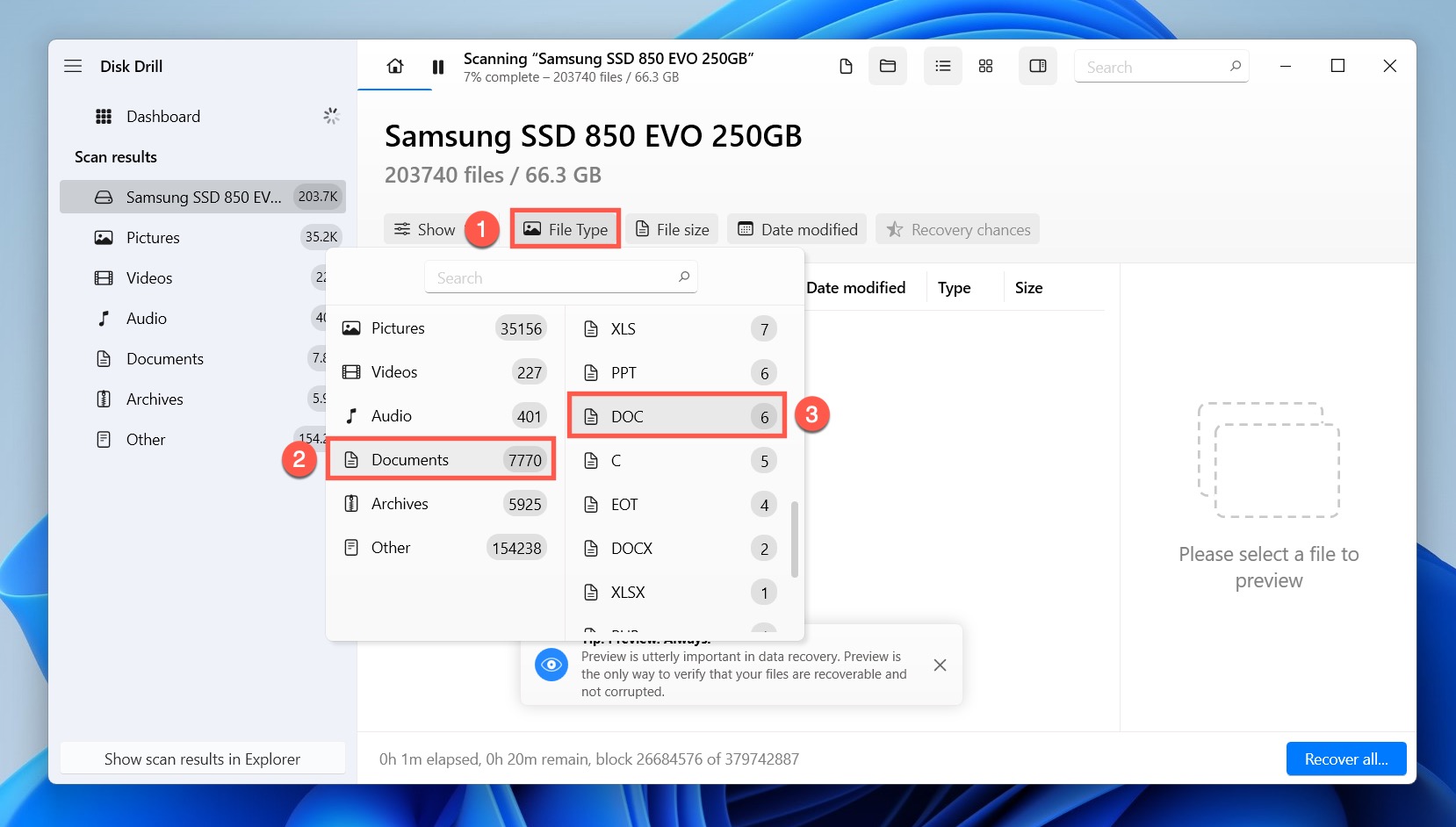 selecionar tipo de arquivo de documento disk drill