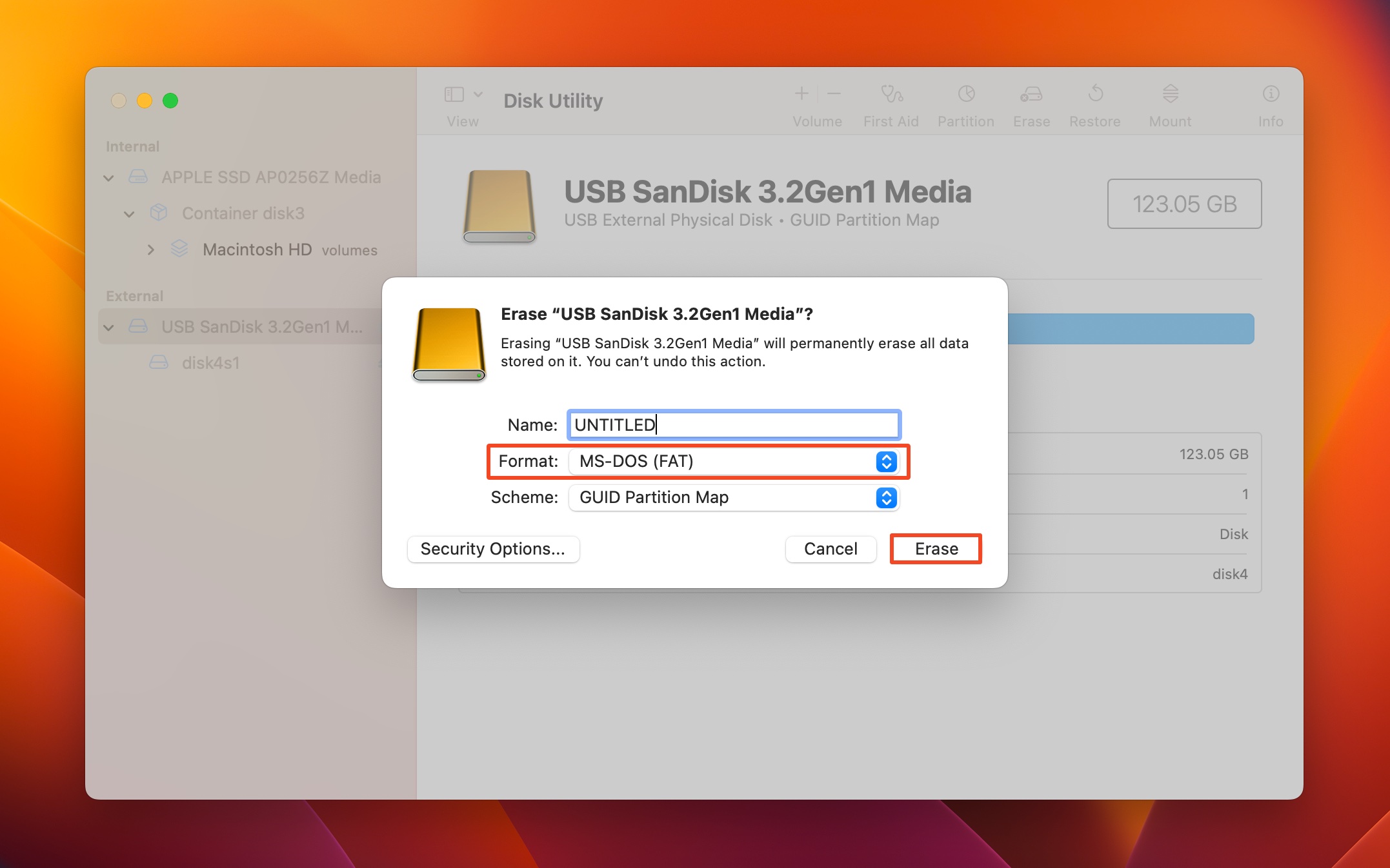 Erase parameters in macOS.