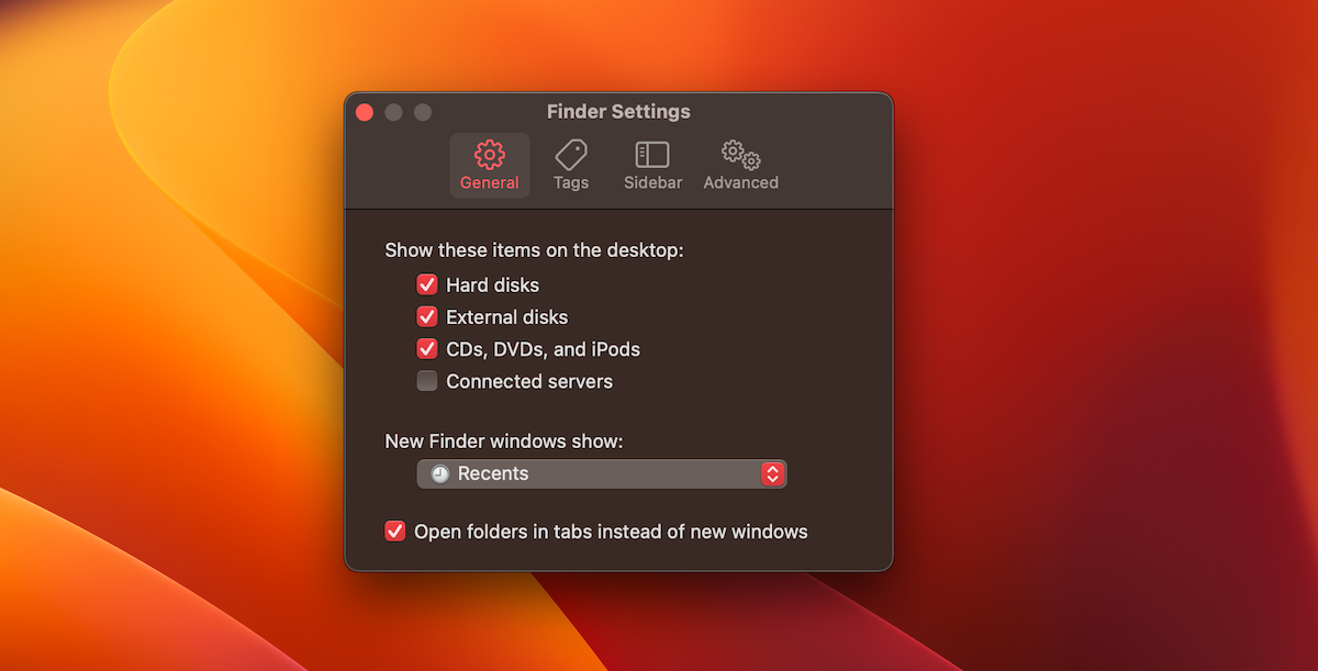 configuración general de finder