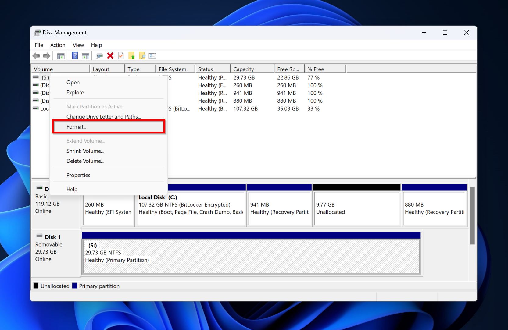 Format option in Disk Management.