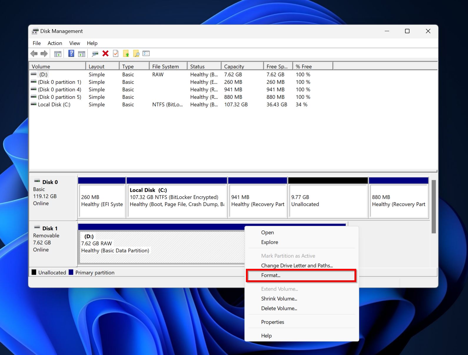 Format option in Disk Management.