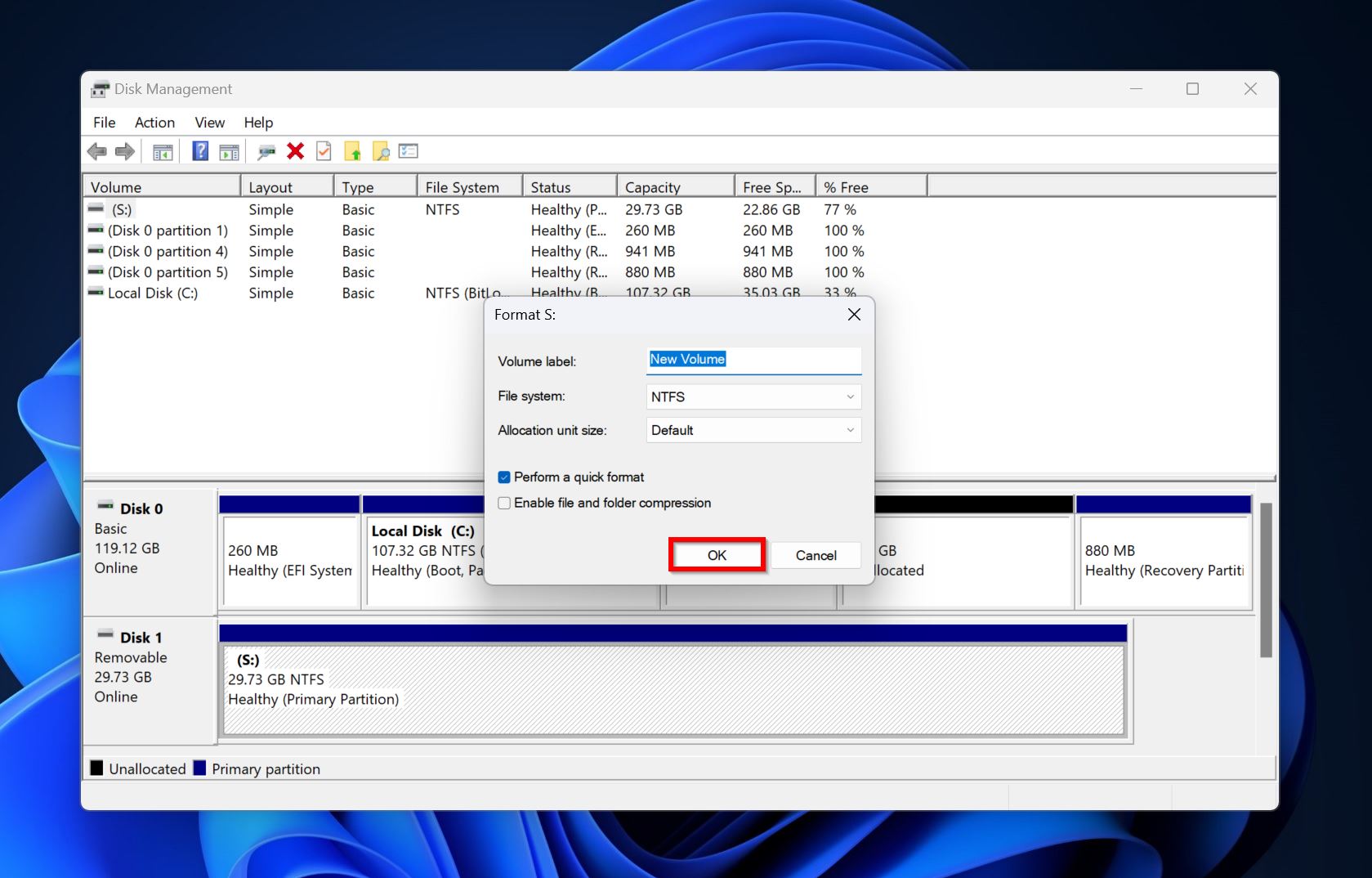 Format parameters in Disk Management.