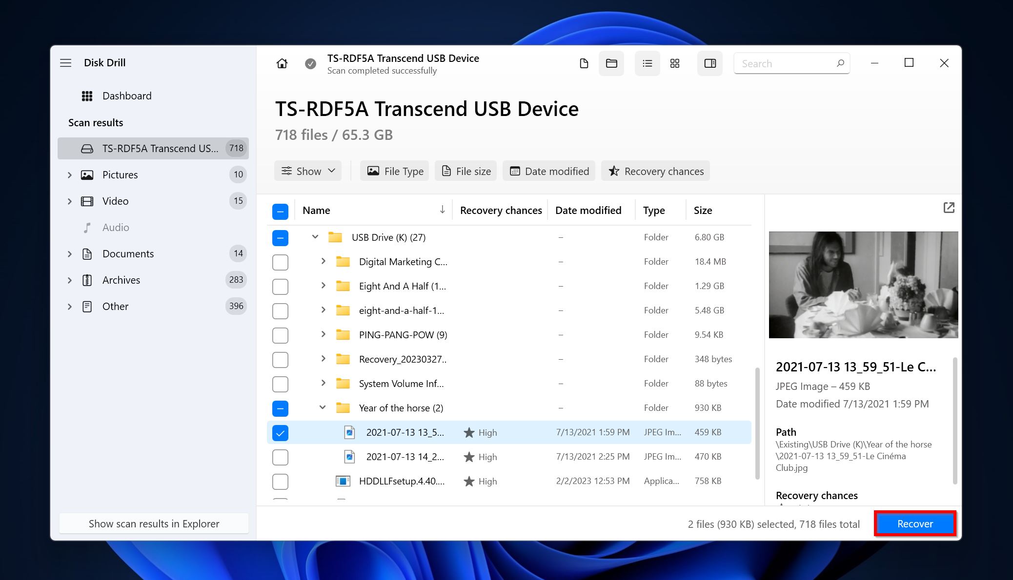 List of recoverable files in Disk Drill.