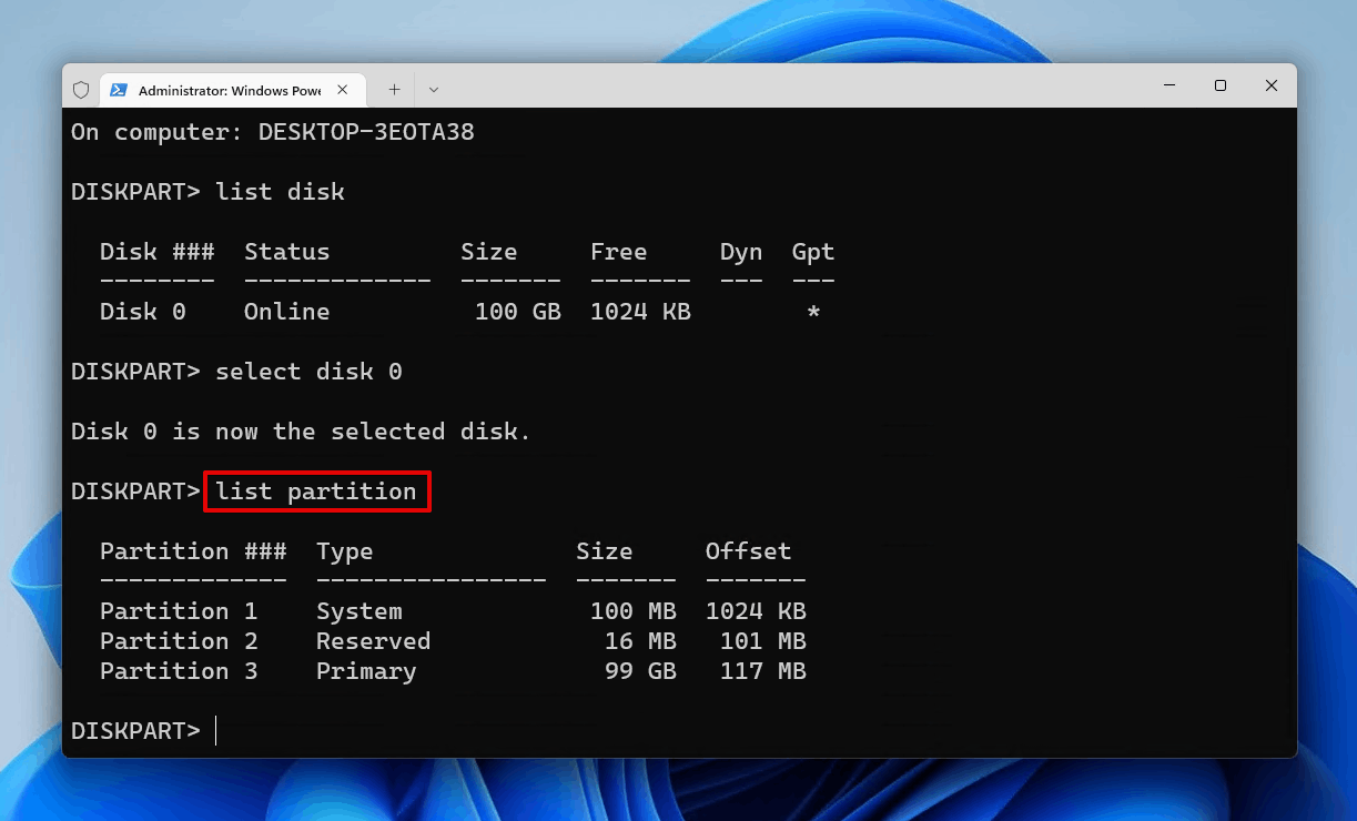 Listing the partitions.