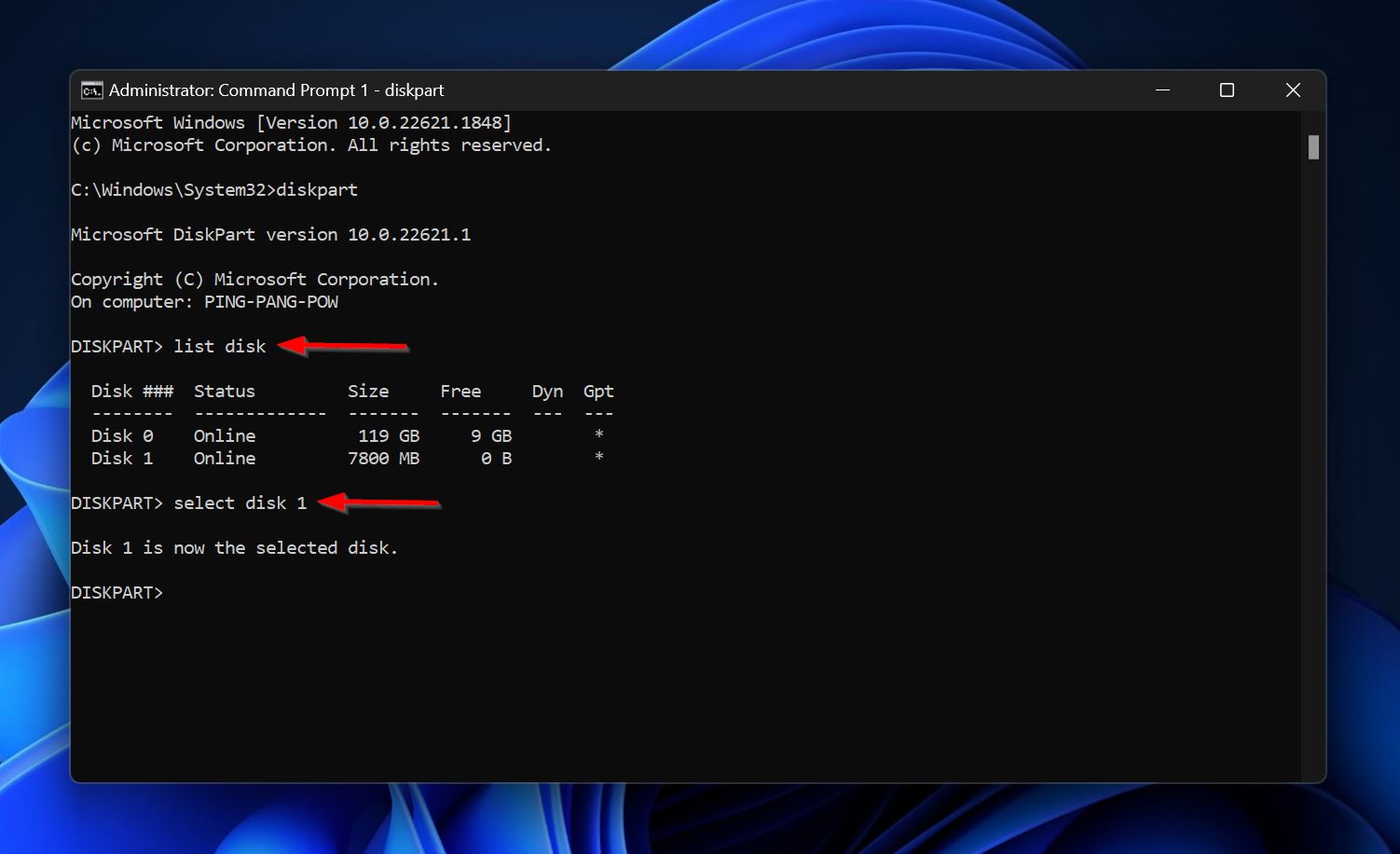 List disk and select disk command syntax.