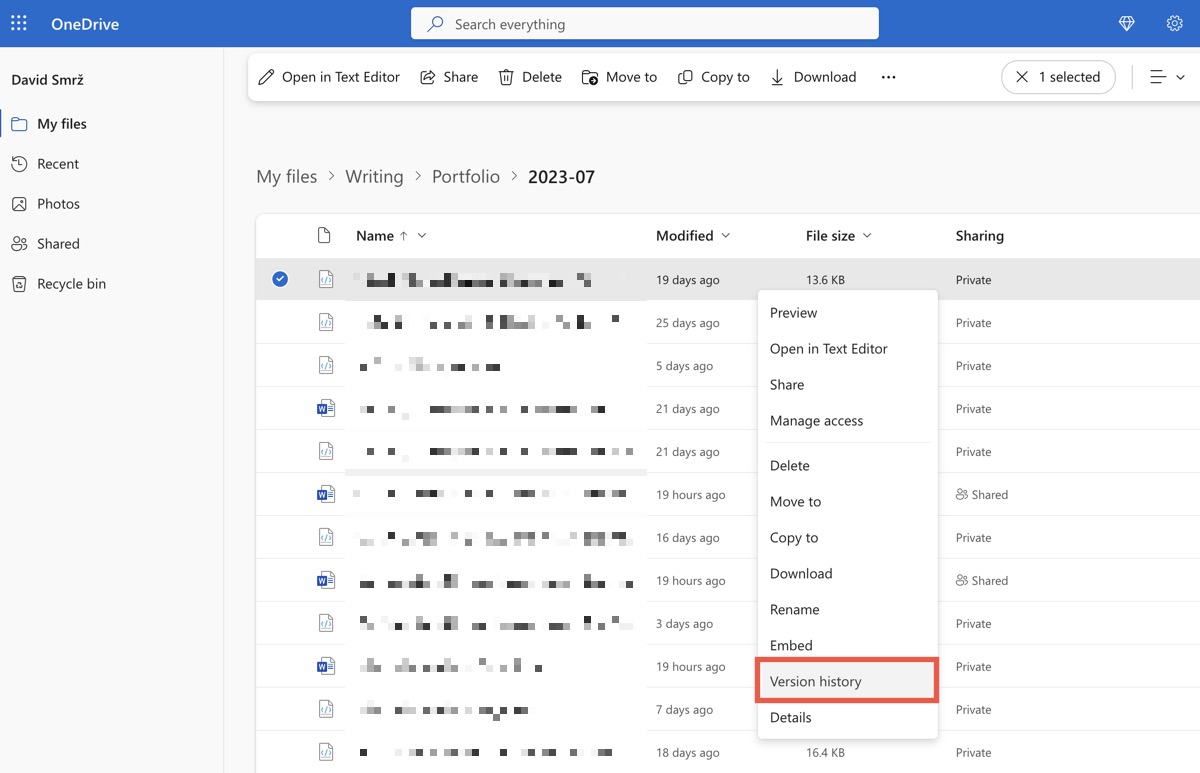 onedrive version history