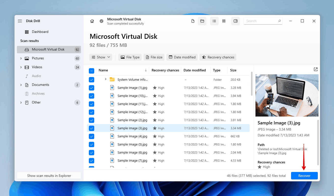 Previewing data with Disk Drill.