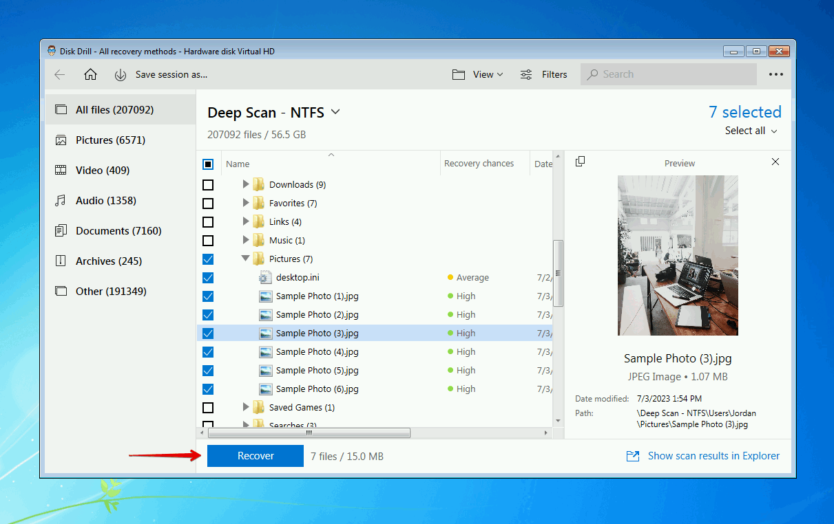 Recovering the selected data with Disk Drill.