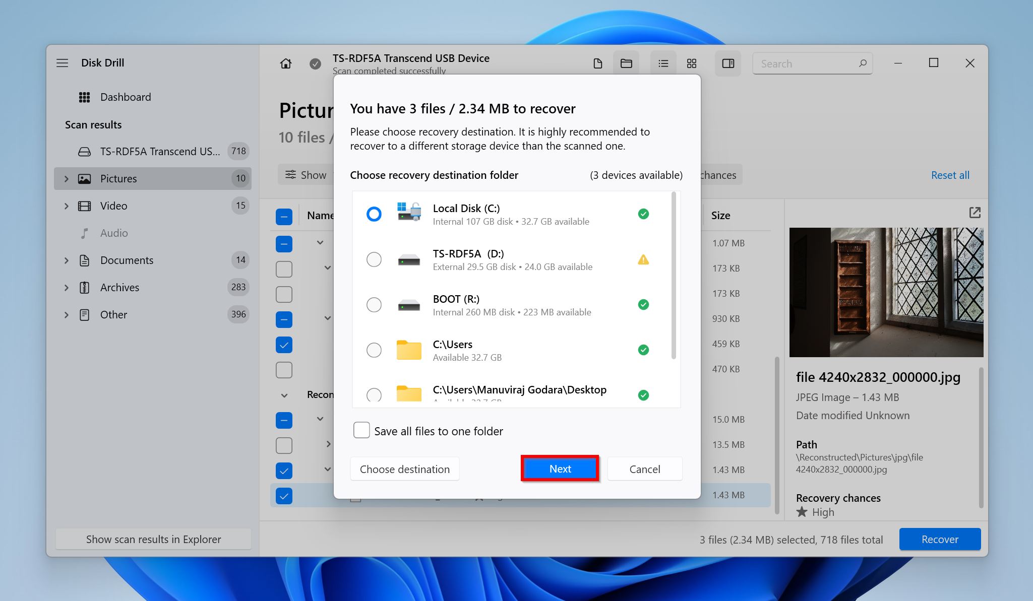 Herstelbestemming prompt in Disk Drill.