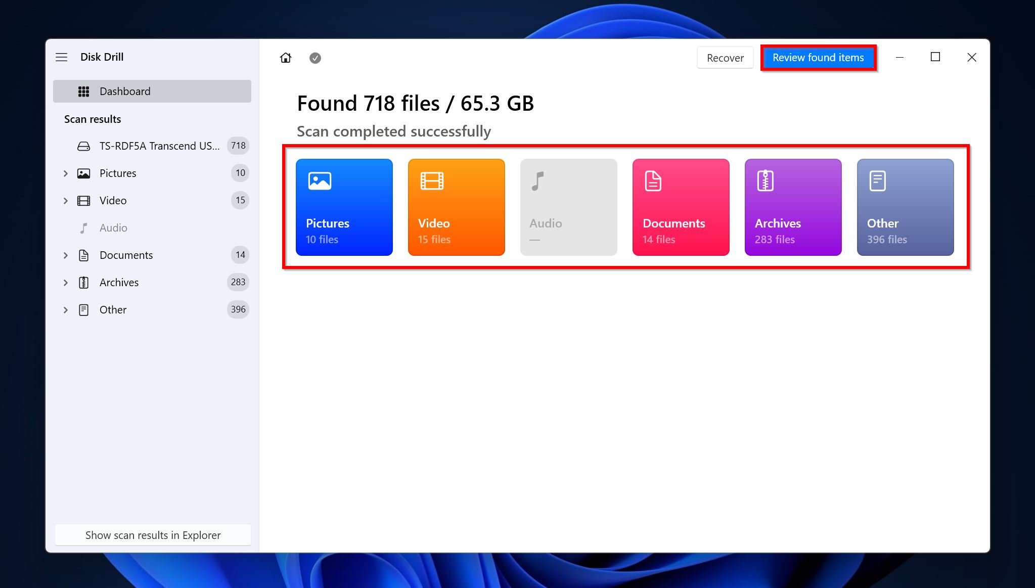 Review found items screen in Disk Drill.