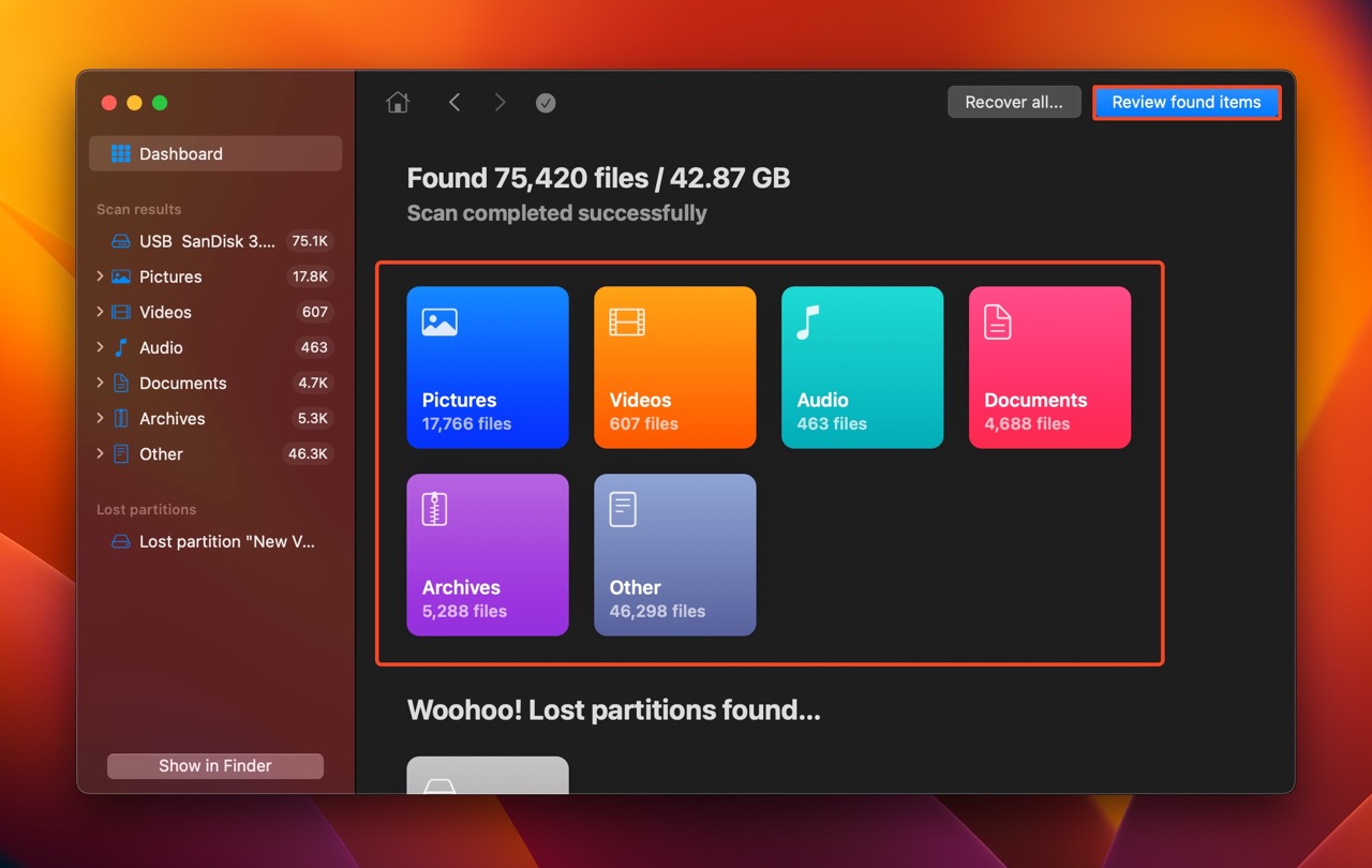 Review found items screen in Disk Drill.