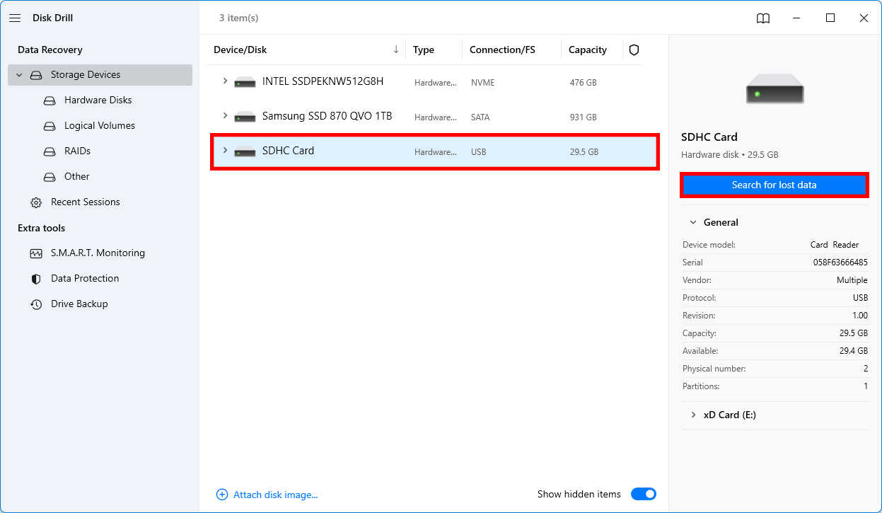 select sandisk sd card and starting scan from disk drill