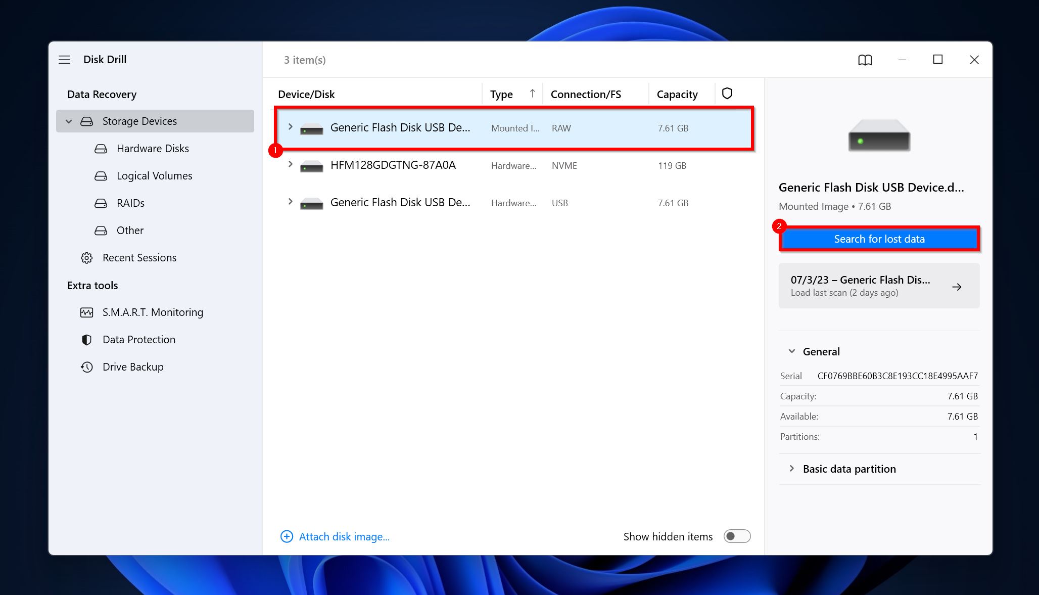 Search for lost data in Disk Drill.