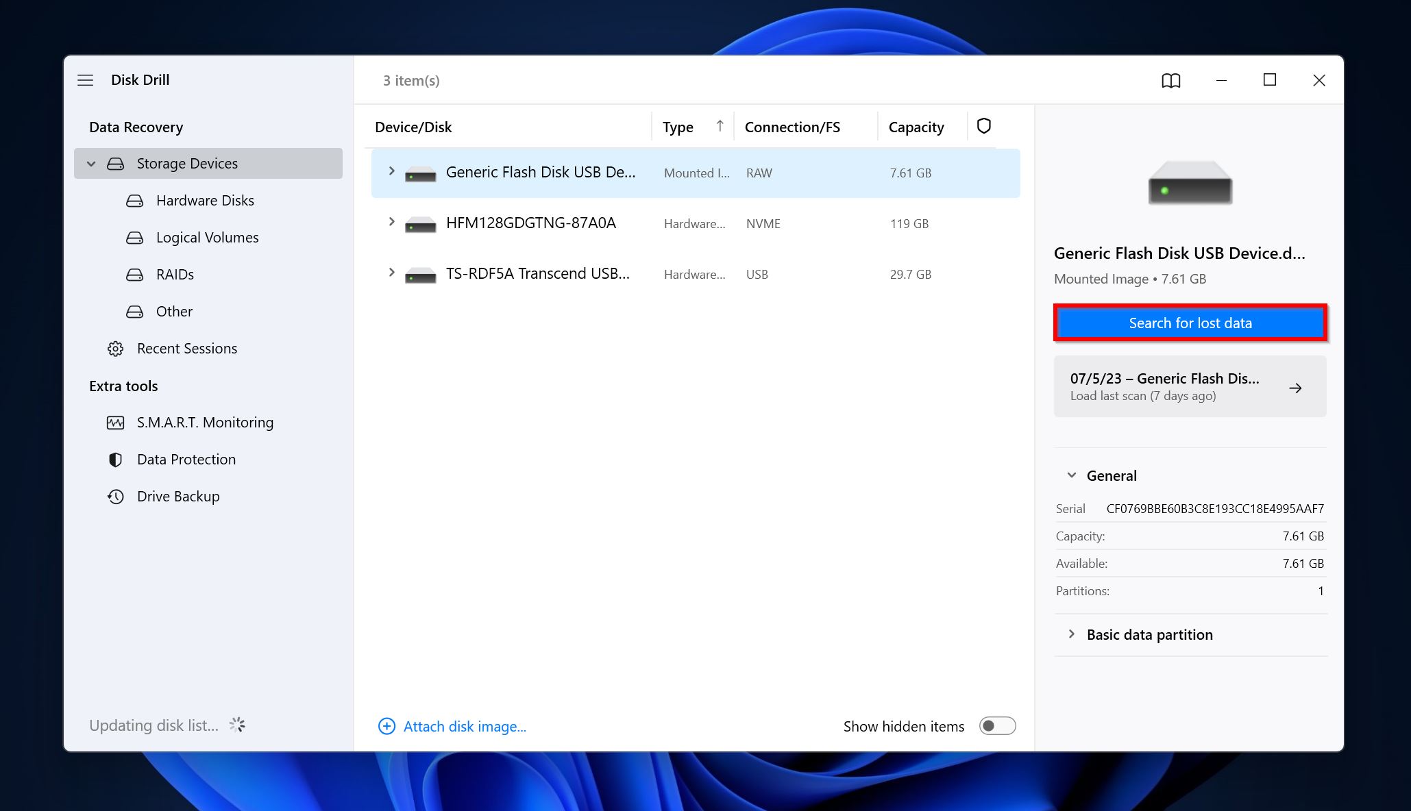 Storage devices screen in Disk Drill.