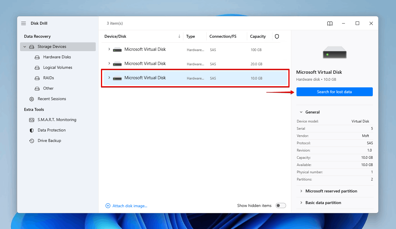 Selecting the disk to scan.