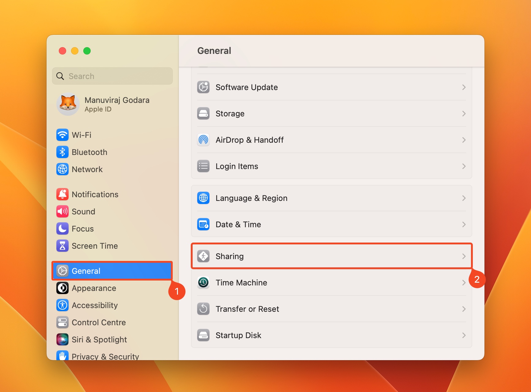 Sharing option in General Settings macOS.