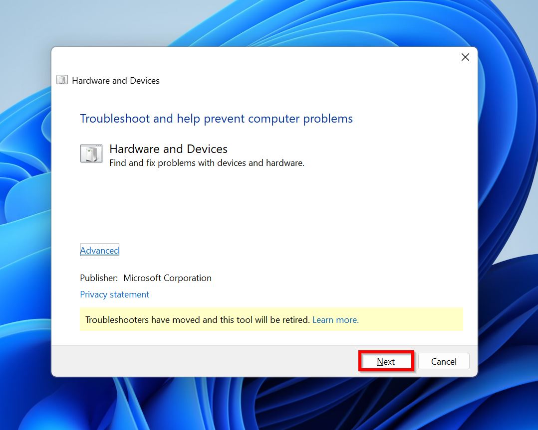 Hardware and Devices Troubleshooter welcome screen.