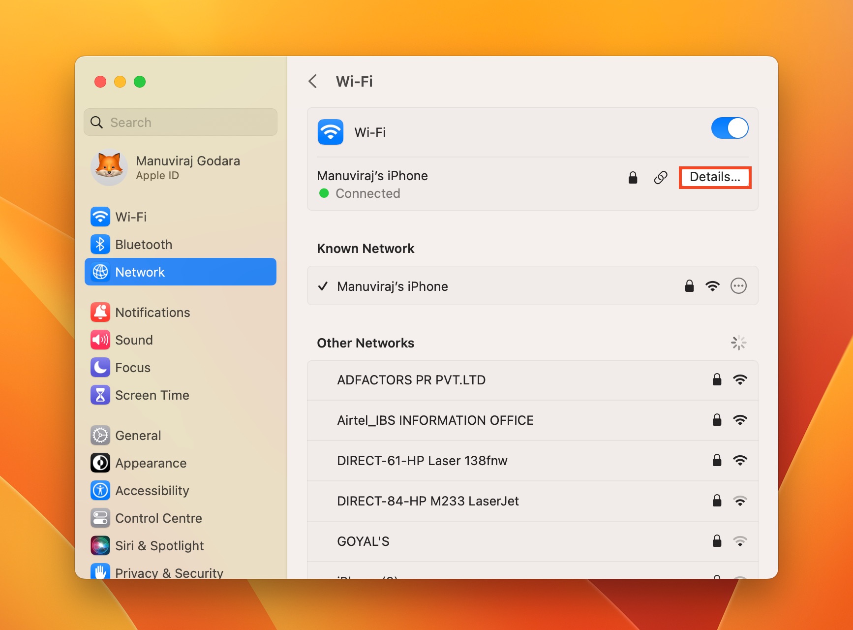 Configuración de WiFi en macOS.