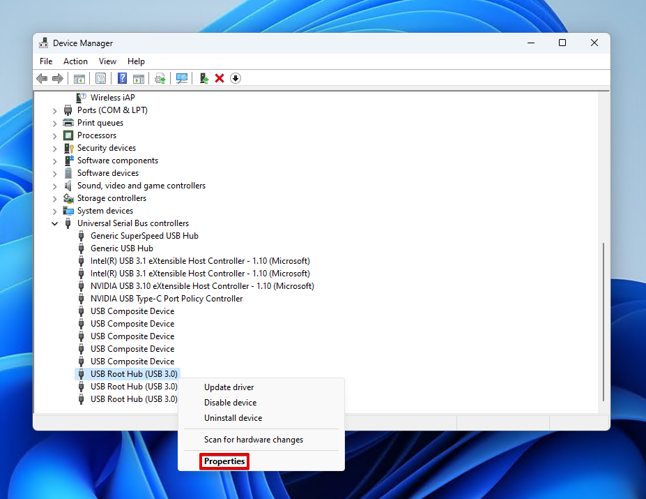 open properties of USB controller